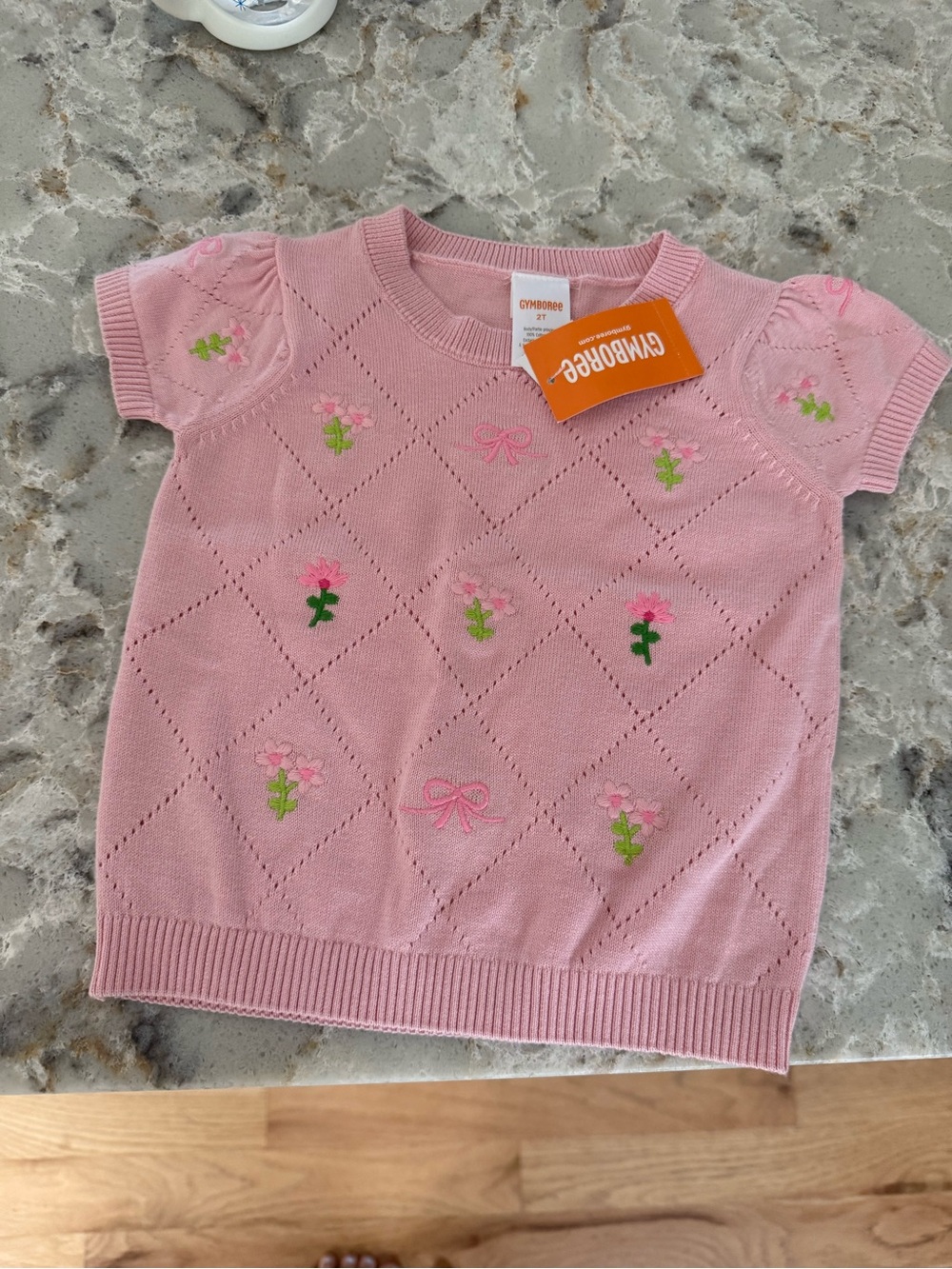 Gymboree Pink Knit Short Sleeve Top with Embroidered Flowers